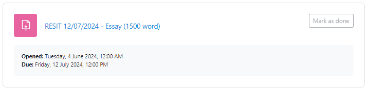 A screenshot of a resit link. The resit link is called RESIT 12/07/2024 - Essay (1500 word).